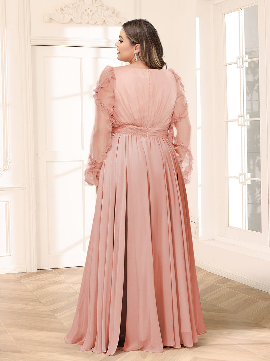 A-Line/Princess V-Neck Long Sleeves Chiffon Empire Plus Size Bridesmaid Dresses - 画像 (2)