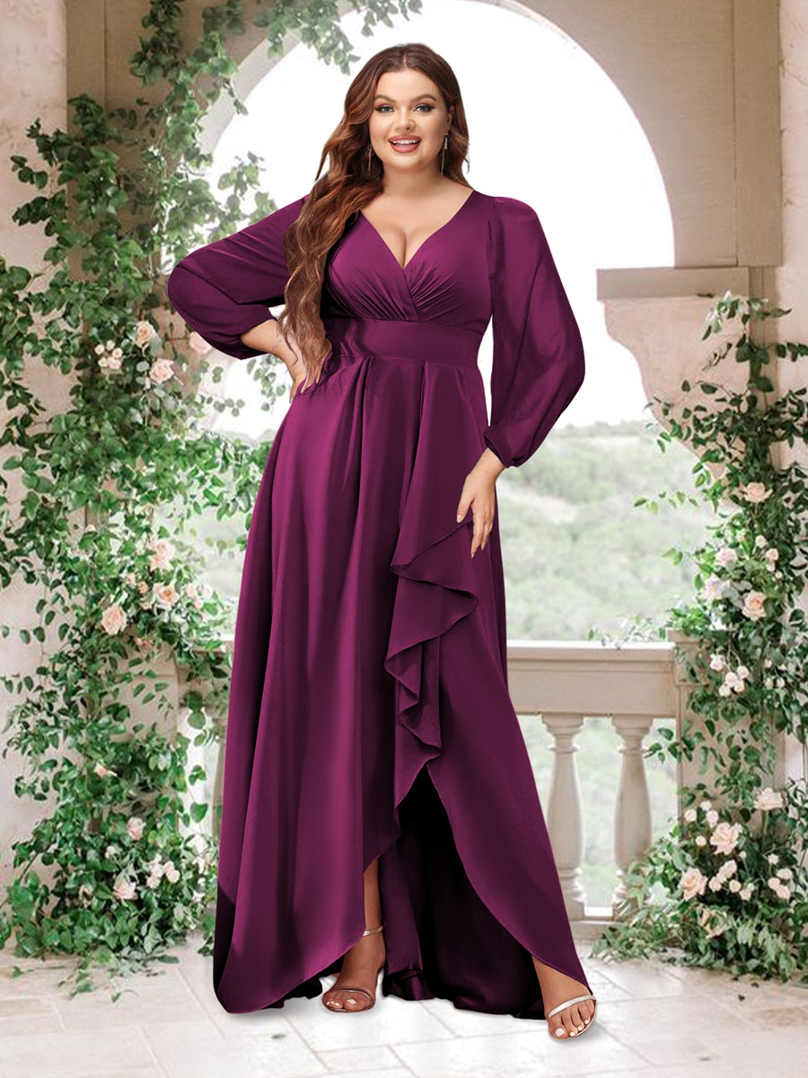 A-Line/Princess V-Neck Long Sleeves Chiffon Ruched Asymmetrical Plus Size Bridesmaid Dresses with Pockets