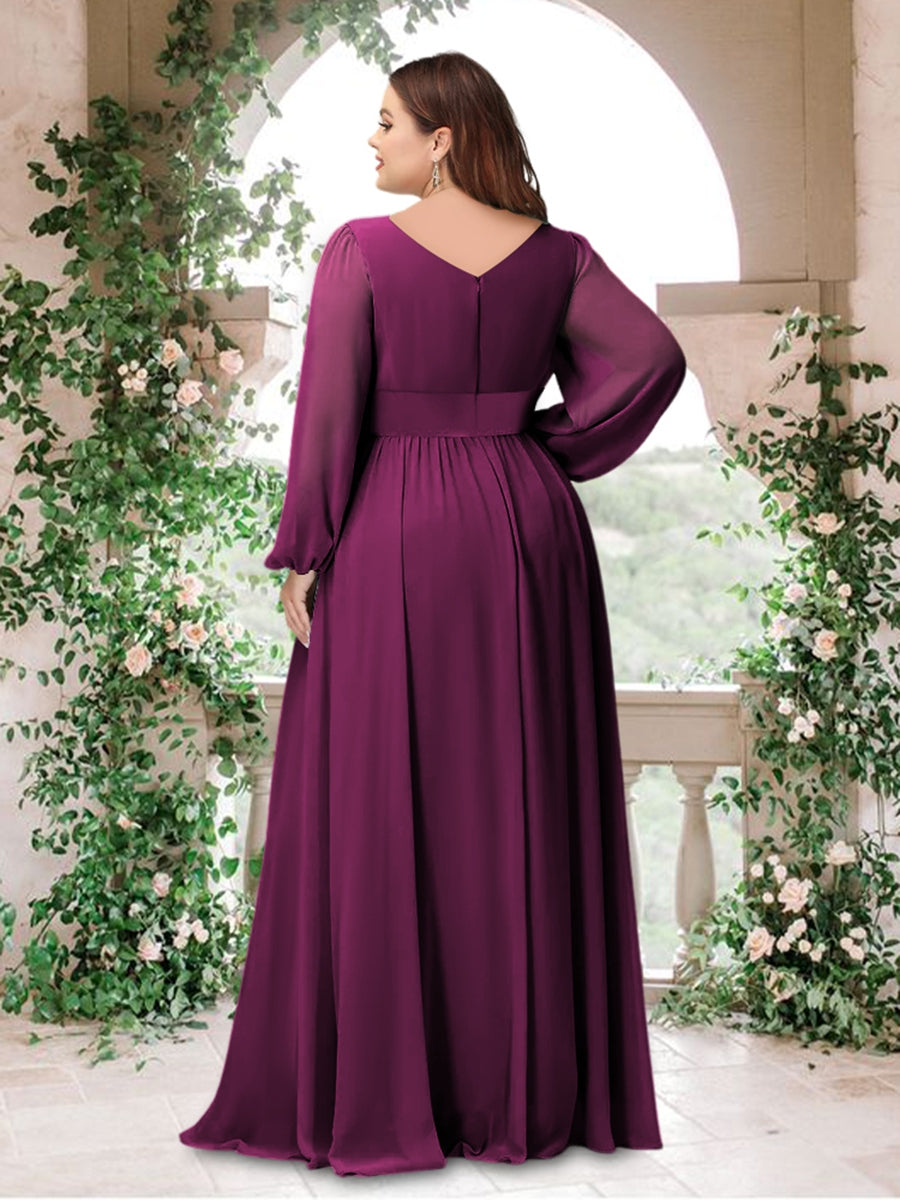 A-Line/Princess V-Neck Long Sleeves Chiffon Ruched Asymmetrical Plus Size Bridesmaid Dresses with Pockets - 이미지 2