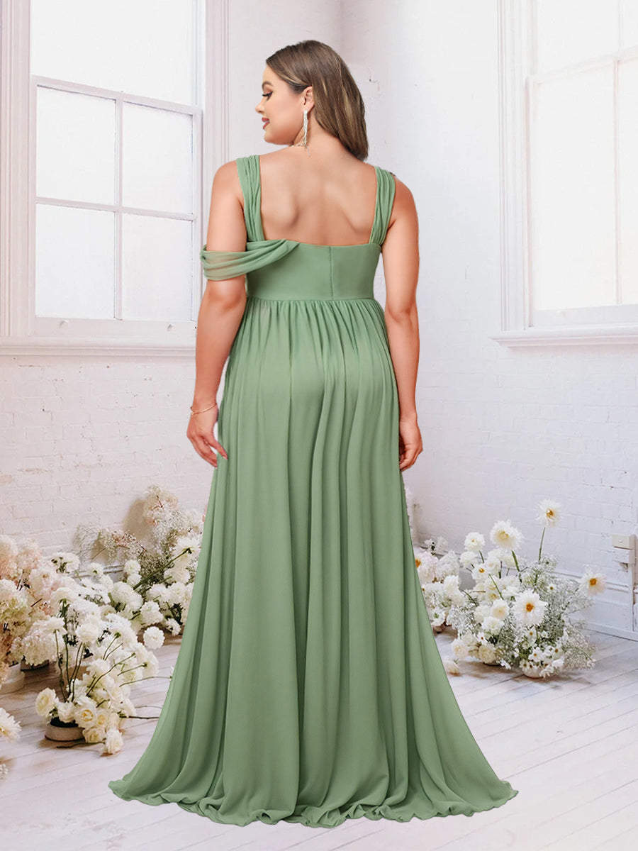 A-Line/Princess Criss Cross Floor-Length Chiffon Ruched Plus Size Bridesmaid Dresses with Split Side - 이미지 2
