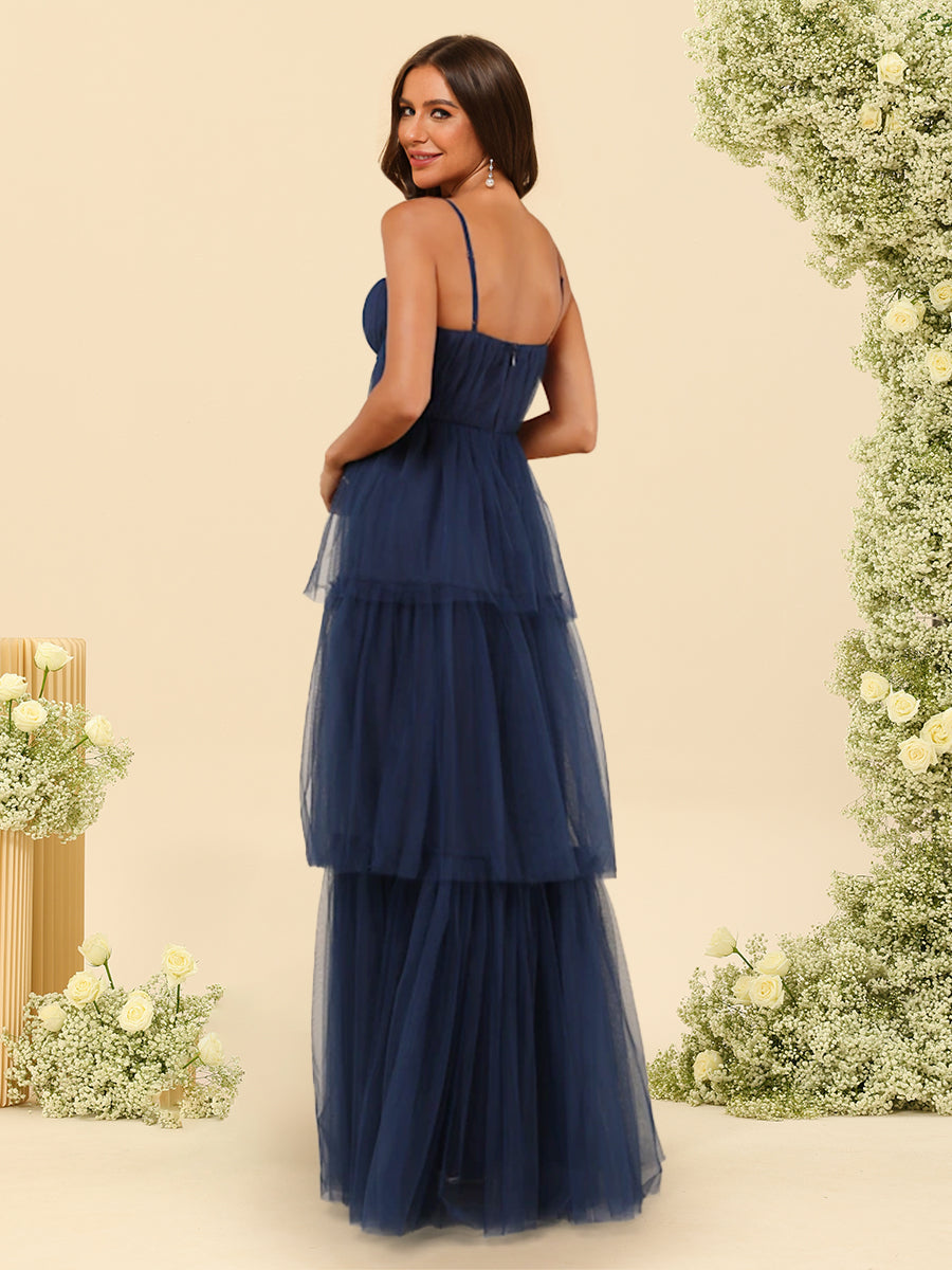 A-Line/Princess Spaghetti Straps Floor-Length Tulle Bridesmaid Dresses - 画像 (2)