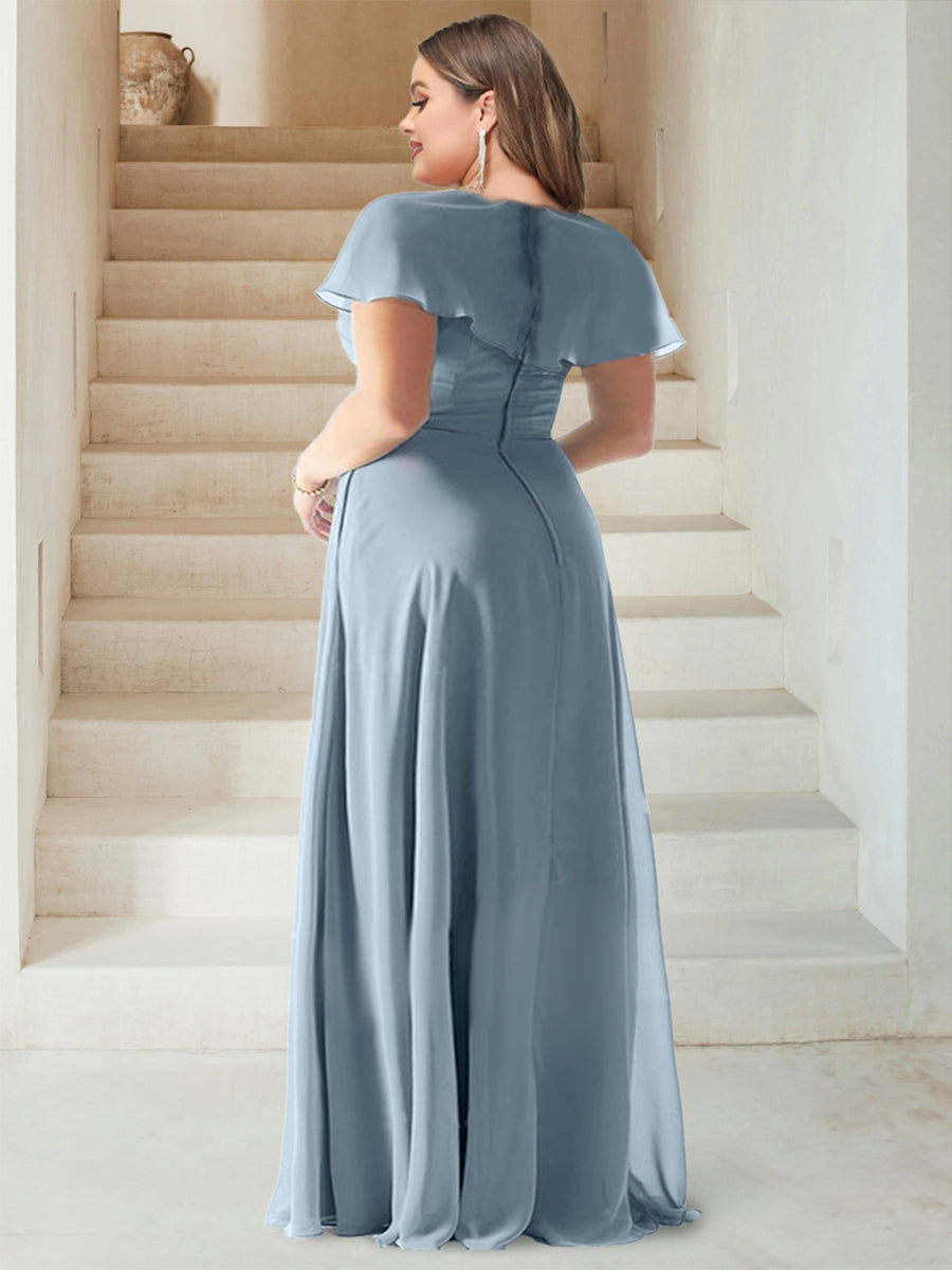 Sheath/Column V-Neck Short Sleeves Floor-Length Chiffon Plus Size Bridesmaid Dresses with Split Side - 이미지 2