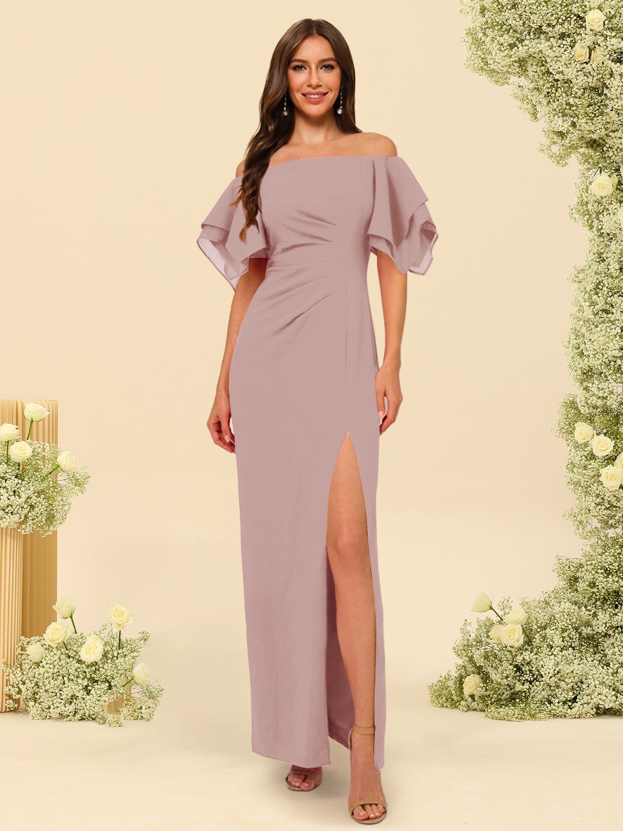 Sheath/Column Off-the-Shoulder Short Sleeves Bridesmaid Dresses with Split Side - Image 15
