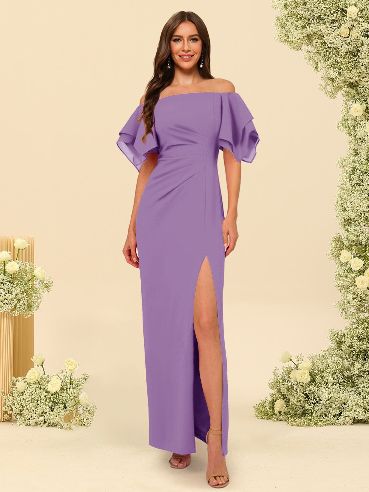 Sheath/Column Off-the-Shoulder Short Sleeves Bridesmaid Dresses with Split Side - Image 16