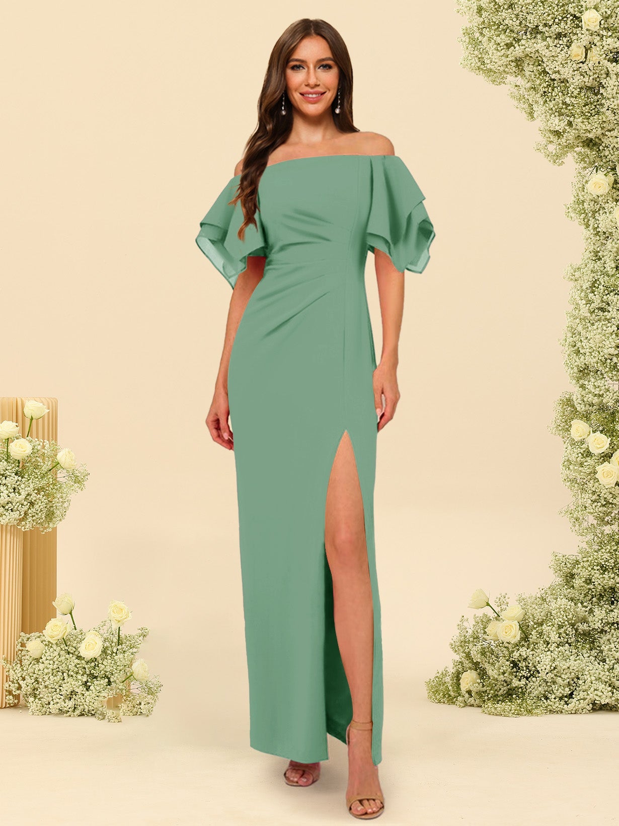 Sheath/Column Off-the-Shoulder Short Sleeves Bridesmaid Dresses with Split Side - Image 20