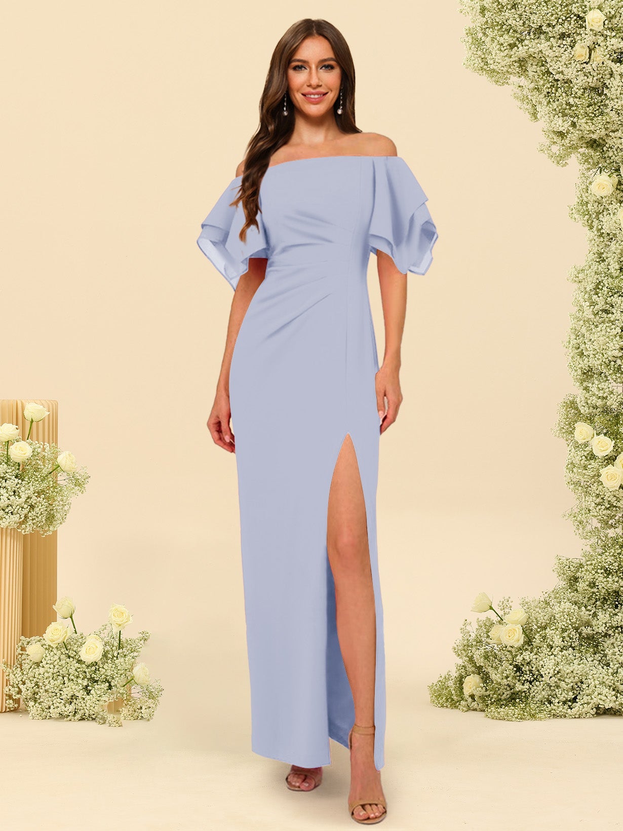 Sheath/Column Off-the-Shoulder Short Sleeves Bridesmaid Dresses with Split Side - Image 29