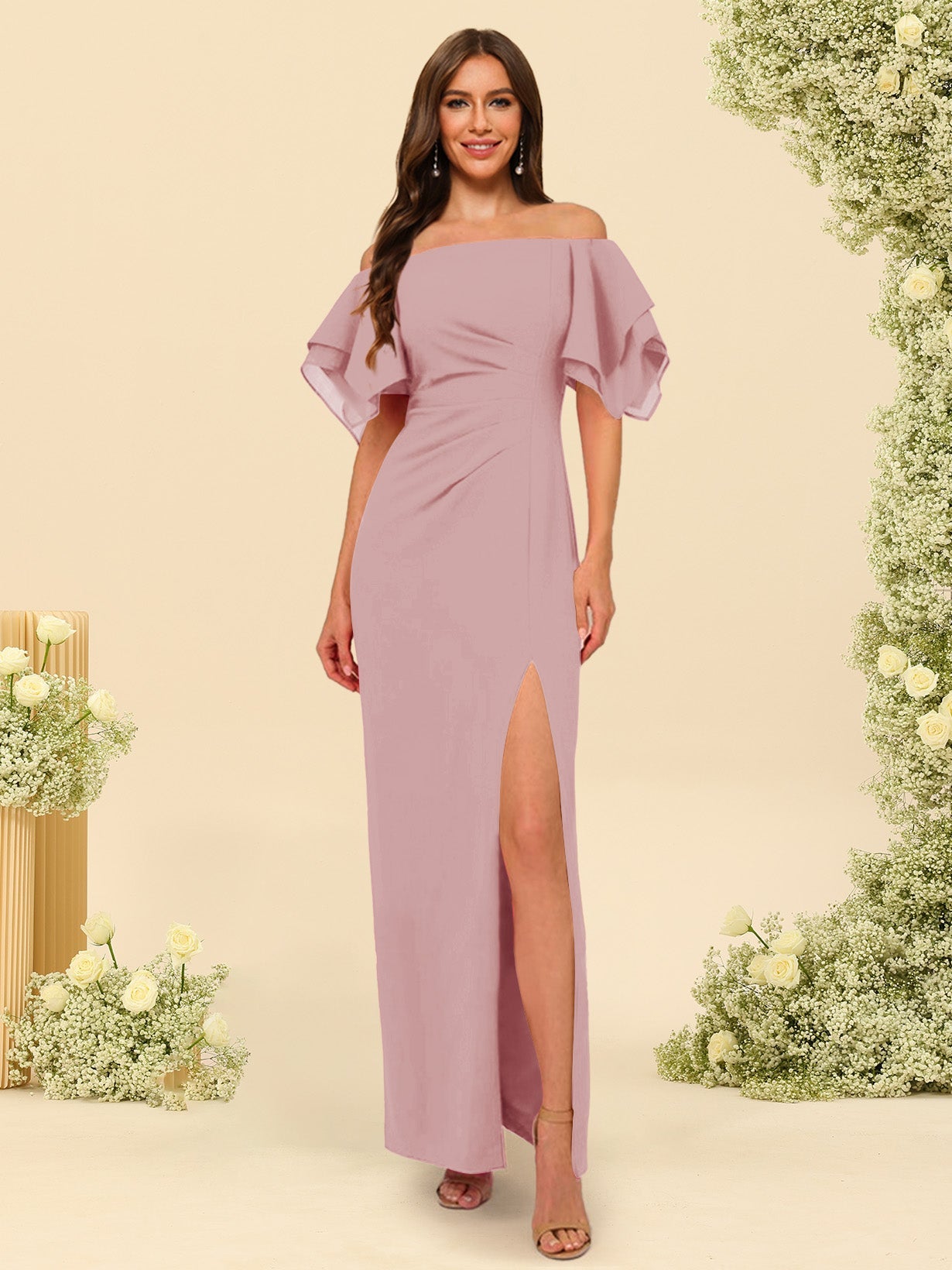Sheath/Column Off-the-Shoulder Short Sleeves Bridesmaid Dresses with Split Side - Image 38