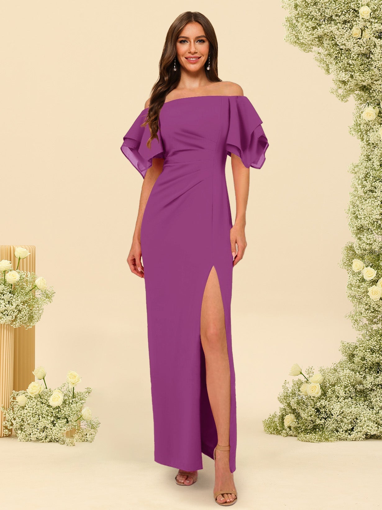 Sheath/Column Off-the-Shoulder Short Sleeves Bridesmaid Dresses with Split Side - Image 48