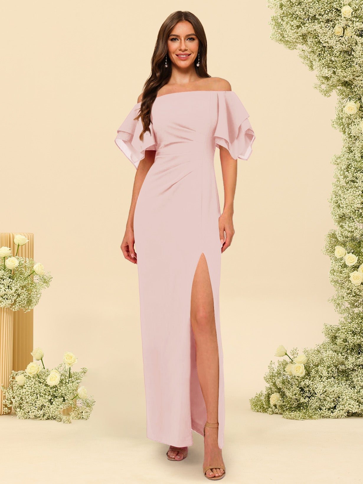 Sheath/Column Off-the-Shoulder Short Sleeves Bridesmaid Dresses with Split Side - Image 51