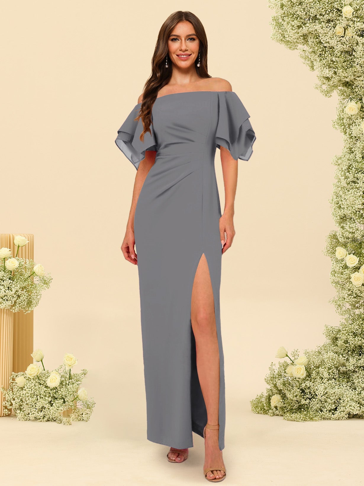 Sheath/Column Off-the-Shoulder Short Sleeves Bridesmaid Dresses with Split Side - Image 61