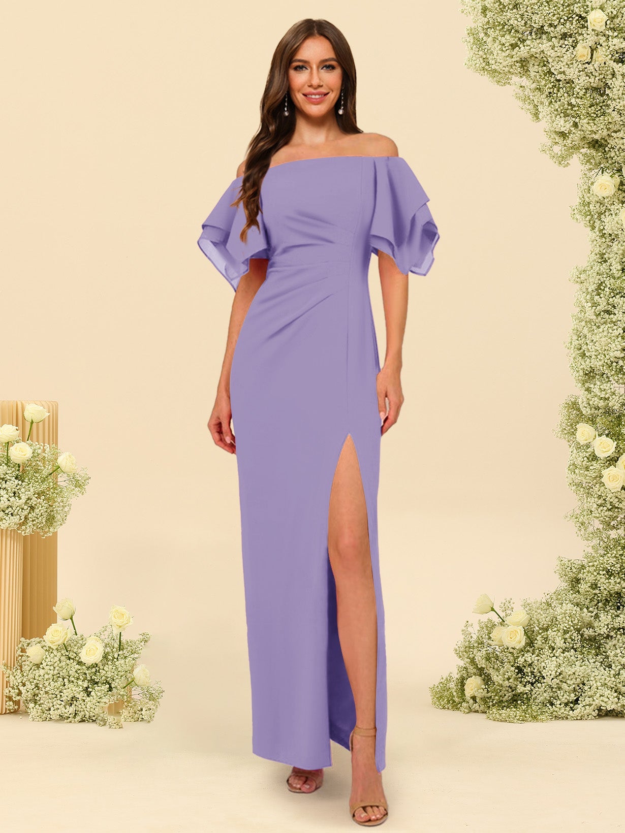 Sheath/Column Off-the-Shoulder Short Sleeves Bridesmaid Dresses with Split Side - Image 71