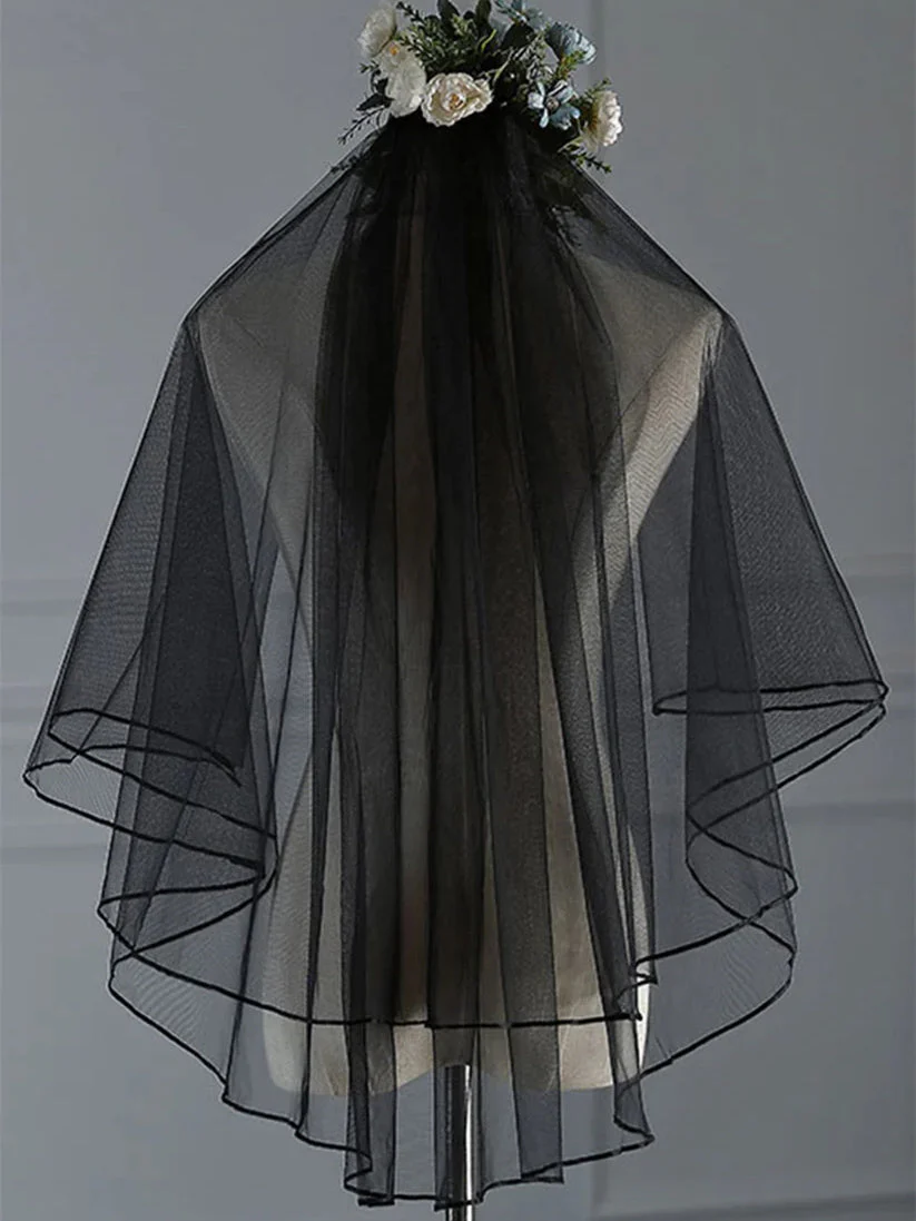 Two-tier Lace Wedding Veils Elbow Veils with Ribbon Edge - 画像 (3)