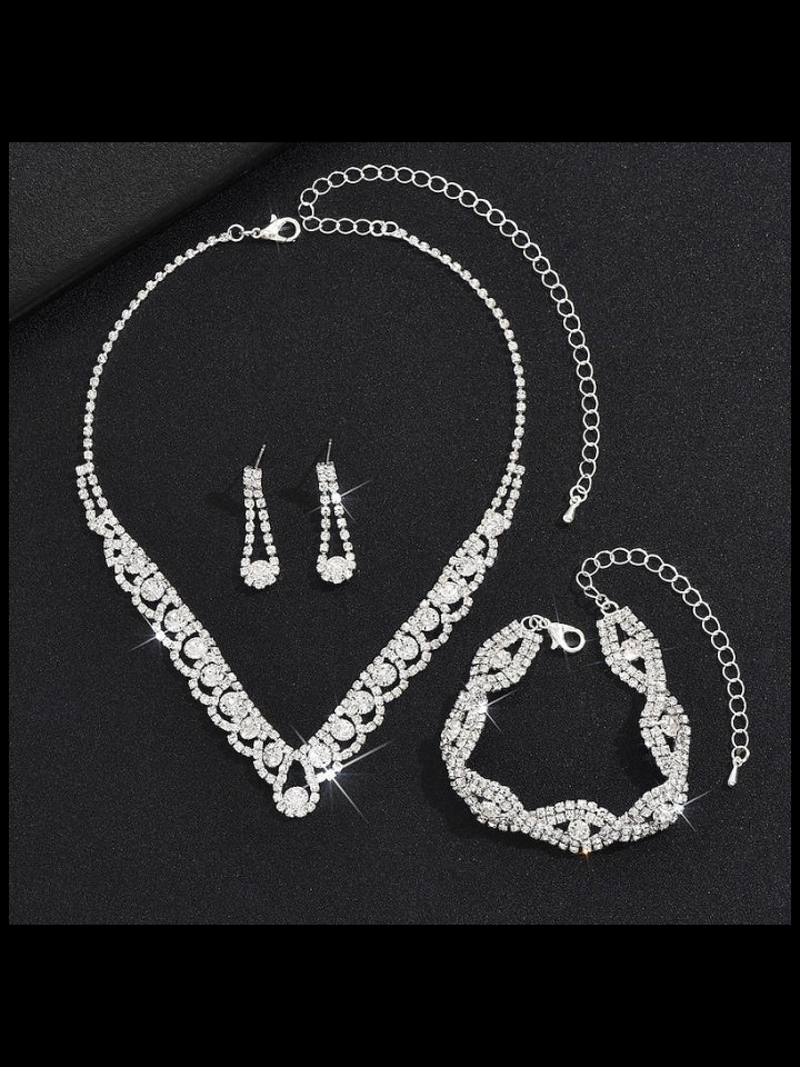 1 set Bridal Jewelry Three-piece Suit Rhinestone Imitation Diamond Necklace Bracelet Earrings Women's Jewelry Set  For Wedding Gift - Image 2