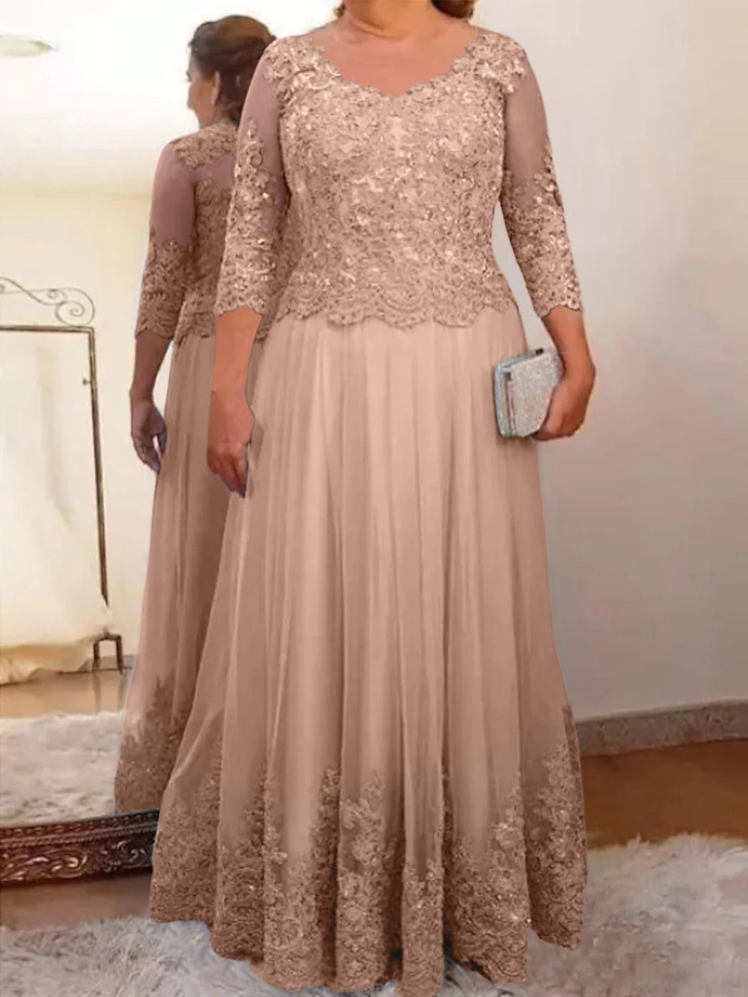A-Line/Princess Sheer Neck 3/4 Length Sleeves Floor-Length Mother of the Bride Dresses with Applique - Image 51
