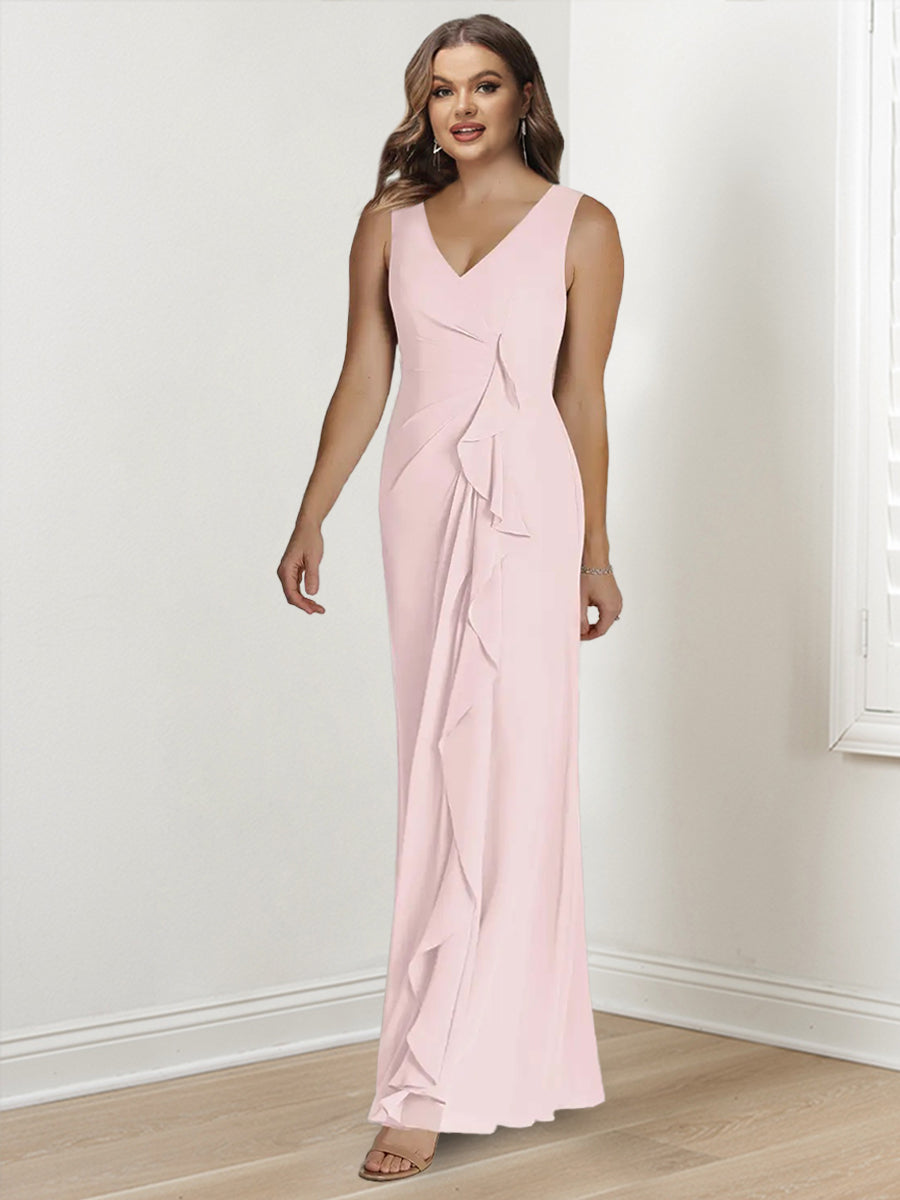 Sheath/Column V-Neck Sleeveless Floor-Length Plus Size Mother of the Bride Dresses with Wraps - Image 3