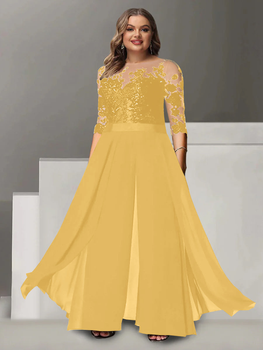 A-Line/Princess Jewel Neck 3/4 Length Sleeves Floor-Length Plus Size Mother of the Bride Pantsuits with Applique - Image 20