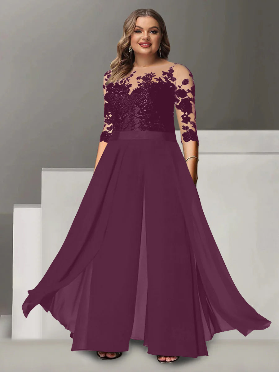 A-Line/Princess Jewel Neck 3/4 Length Sleeves Floor-Length Plus Size Mother of the Bride Pantsuits with Applique - Image 21