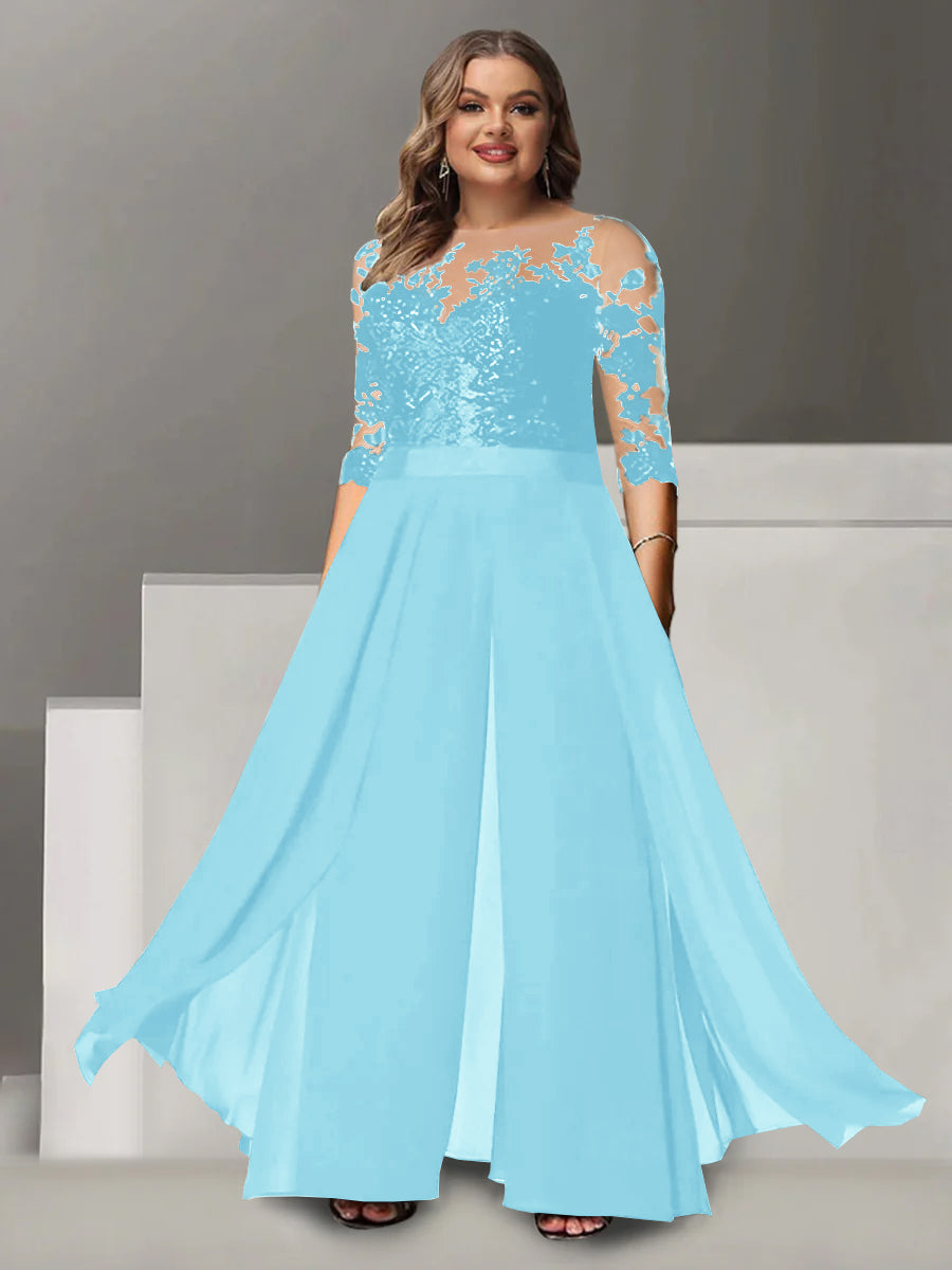 A-Line/Princess Jewel Neck 3/4 Length Sleeves Floor-Length Plus Size Mother of the Bride Pantsuits with Applique - Image 26