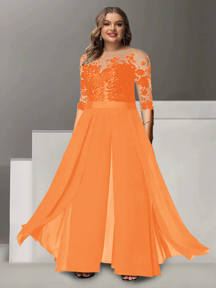 A-Line/Princess Jewel Neck 3/4 Length Sleeves Floor-Length Plus Size Mother of the Bride Pantsuits with Applique - Image 33