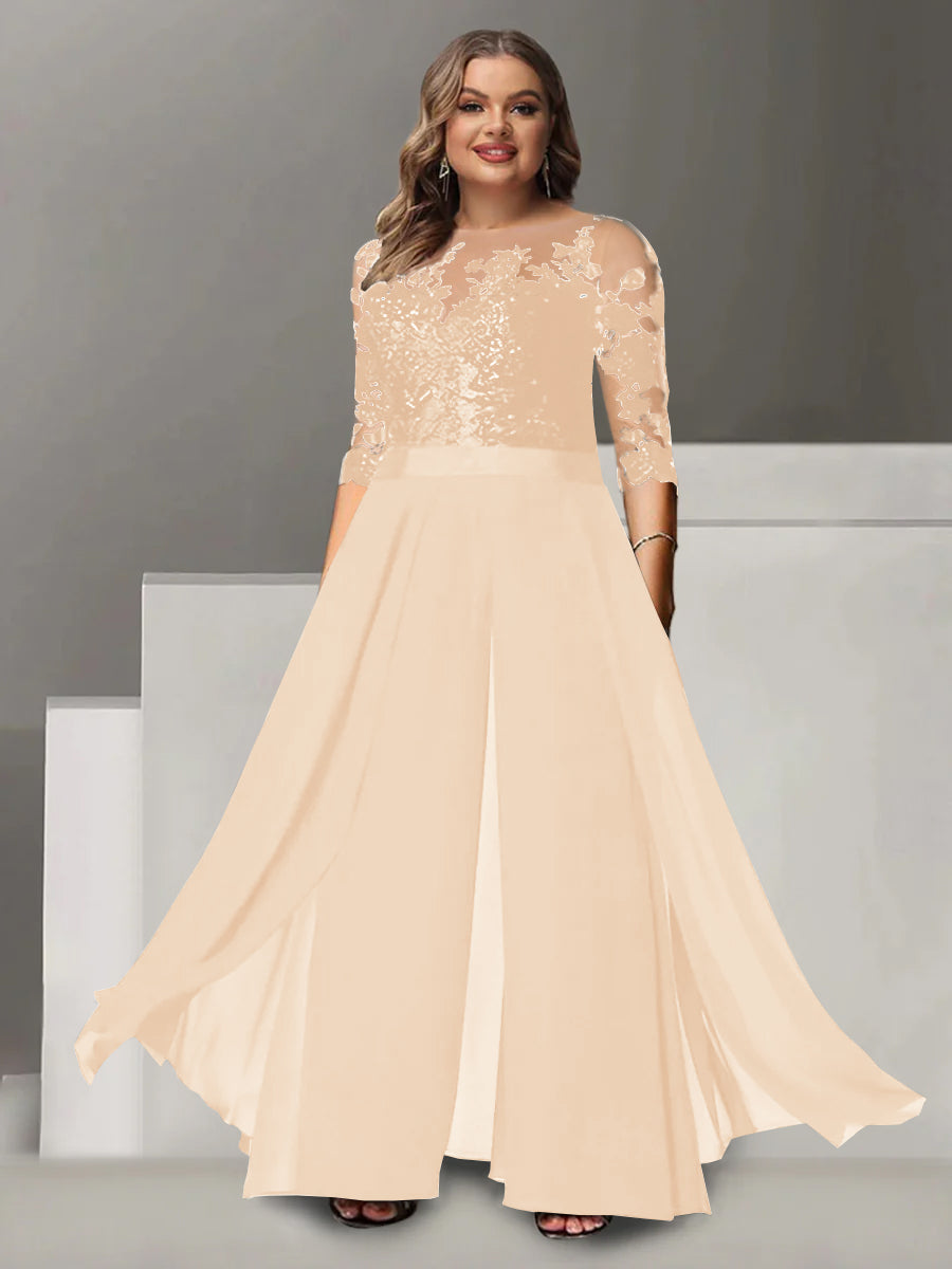 A-Line/Princess Jewel Neck 3/4 Length Sleeves Floor-Length Plus Size Mother of the Bride Pantsuits with Applique - Image 36