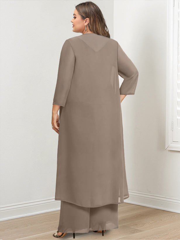 Chiffon Round Neck Floor-Length Plus Size Mother Of The Bride Pantsuits With Jacket & Applique - 画像 (2)