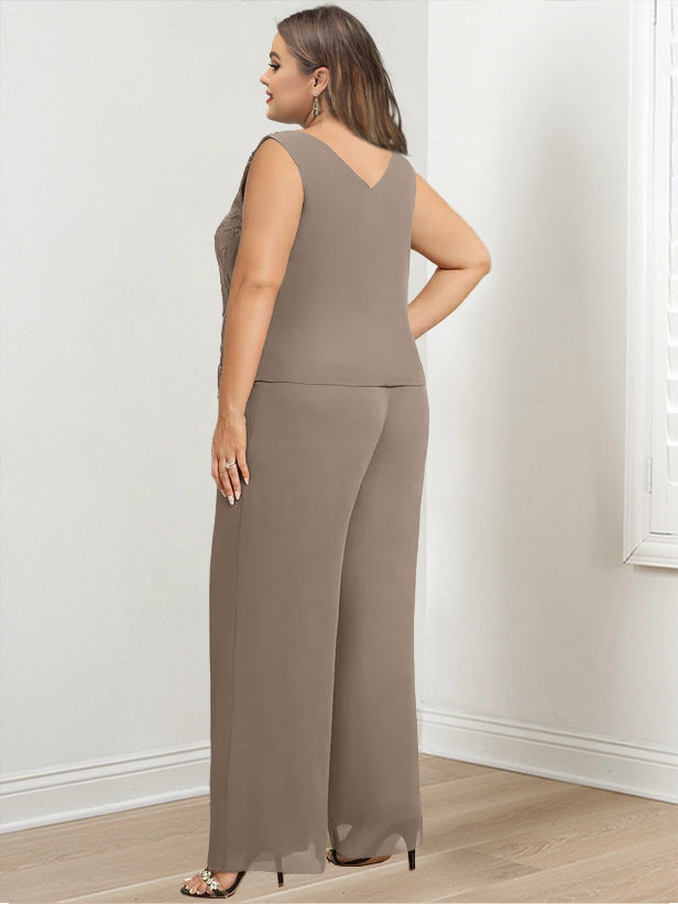 Chiffon Round Neck Floor-Length Plus Size Mother Of The Bride Pantsuits With Jacket & Applique - 画像 (4)