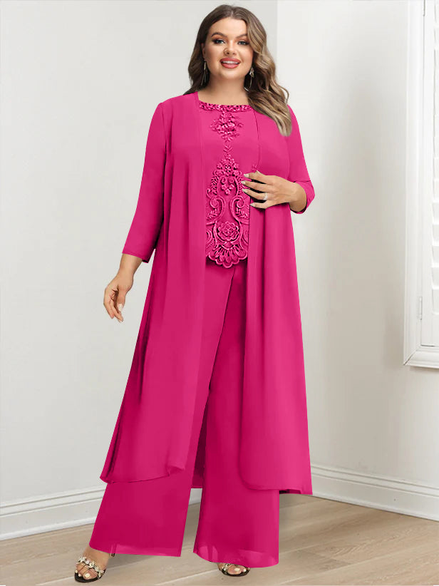 Chiffon Round Neck Floor-Length Plus Size Mother Of The Bride Pantsuits With Jacket & Applique - 画像 (22)