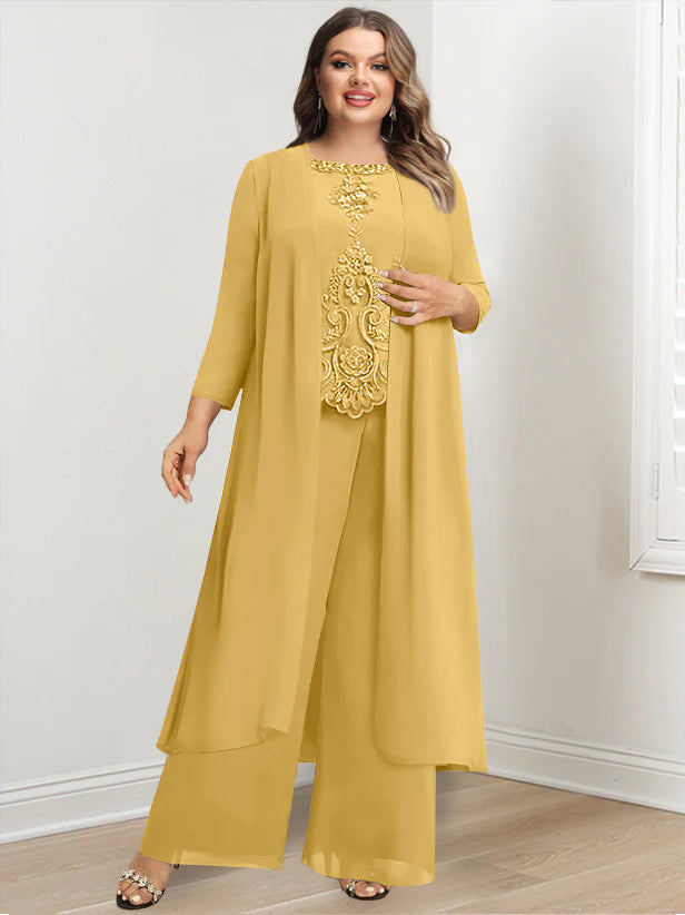 Chiffon Round Neck Floor-Length Plus Size Mother Of The Bride Pantsuits With Jacket & Applique - 画像 (23)
