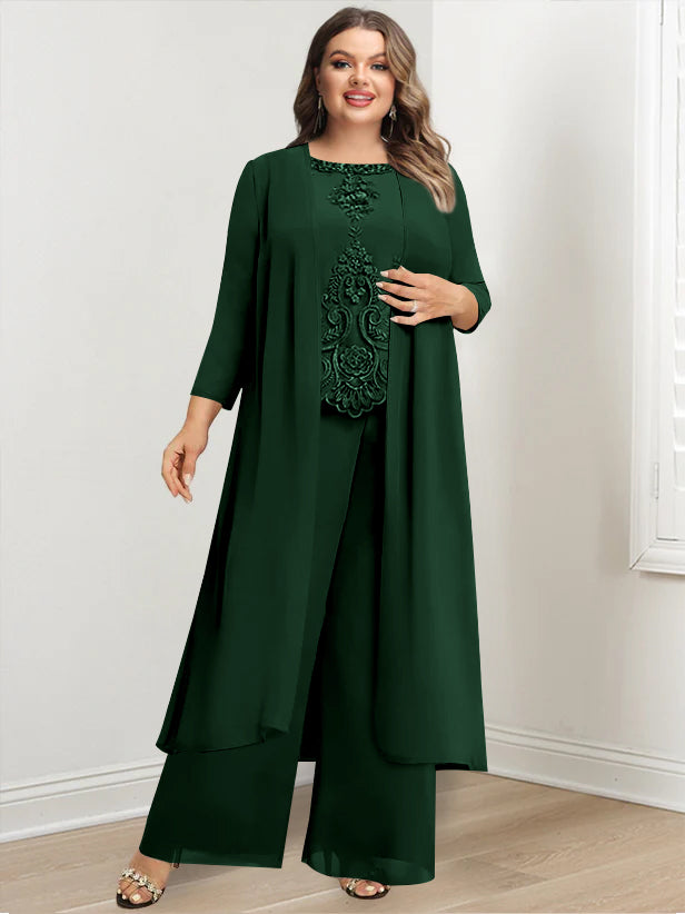 Chiffon Round Neck Floor-Length Plus Size Mother Of The Bride Pantsuits With Jacket & Applique - 画像 (25)