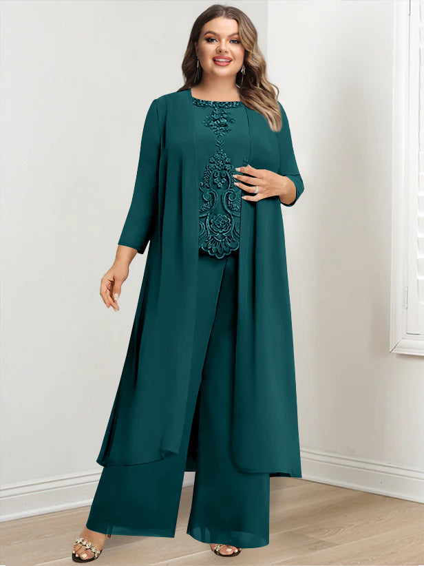 Chiffon Round Neck Floor-Length Plus Size Mother Of The Bride Pantsuits With Jacket & Applique - 画像 (26)