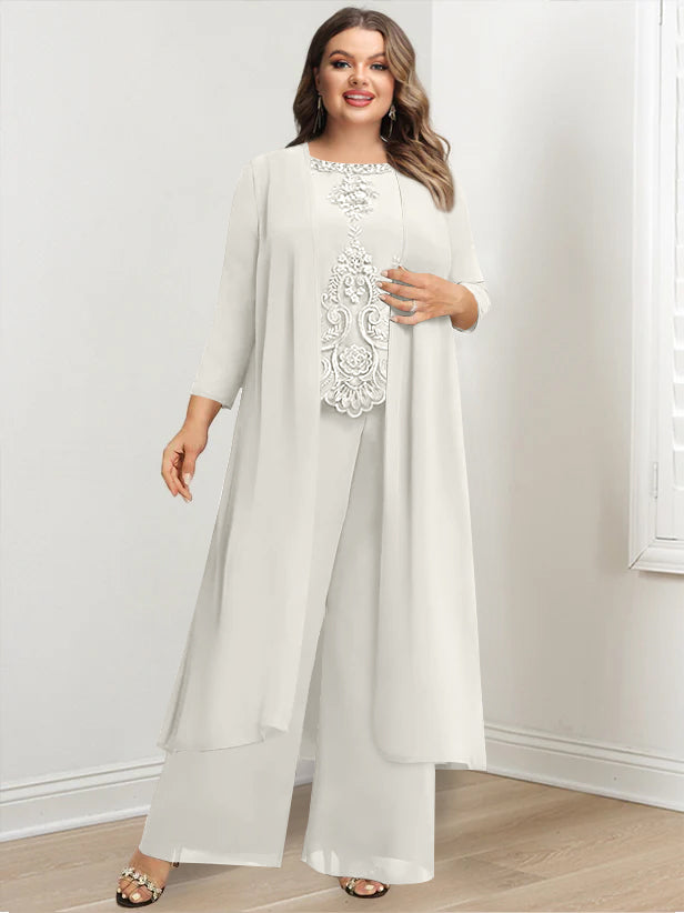 Chiffon Round Neck Floor-Length Plus Size Mother Of The Bride Pantsuits With Jacket & Applique - 画像 (27)
