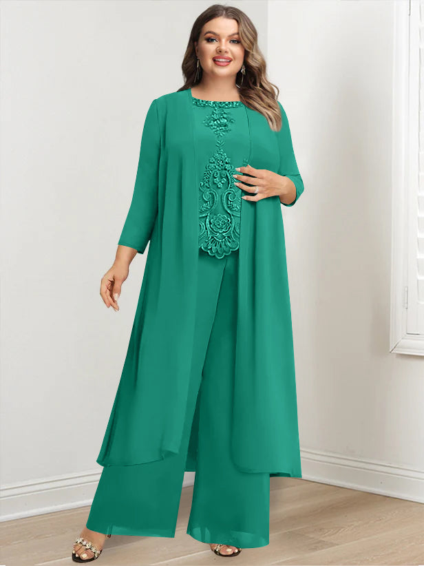 Chiffon Round Neck Floor-Length Plus Size Mother Of The Bride Pantsuits With Jacket & Applique - 画像 (28)