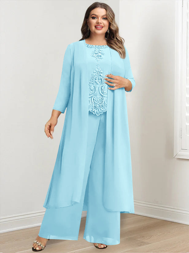Chiffon Round Neck Floor-Length Plus Size Mother Of The Bride Pantsuits With Jacket & Applique - 画像 (29)