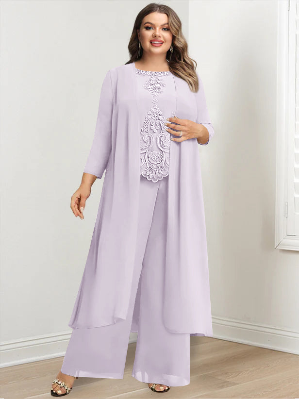 Chiffon Round Neck Floor-Length Plus Size Mother Of The Bride Pantsuits With Jacket & Applique - 画像 (30)