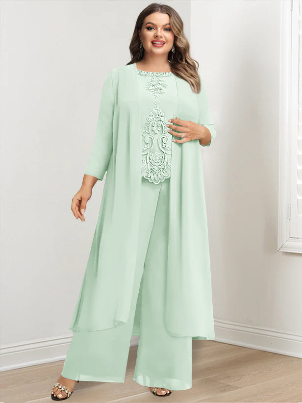 Chiffon Round Neck Floor-Length Plus Size Mother Of The Bride Pantsuits With Jacket & Applique - 画像 (32)