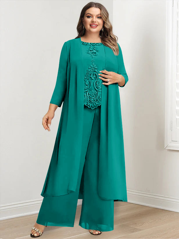 Chiffon Round Neck Floor-Length Plus Size Mother Of The Bride Pantsuits With Jacket & Applique - 画像 (42)