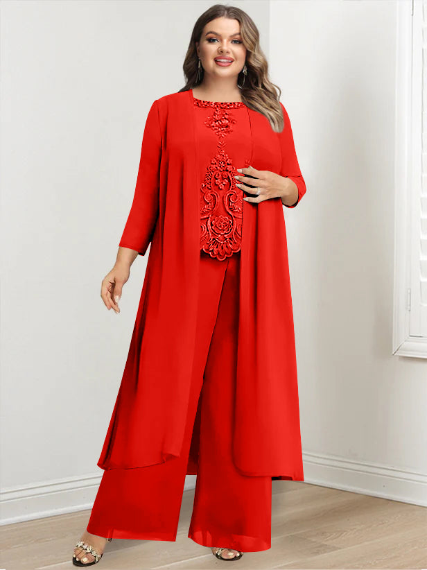 Chiffon Round Neck Floor-Length Plus Size Mother Of The Bride Pantsuits With Jacket & Applique - 画像 (43)