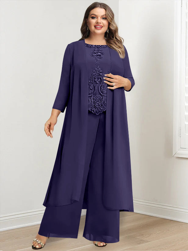 Chiffon Round Neck Floor-Length Plus Size Mother Of The Bride Pantsuits With Jacket & Applique - 画像 (44)