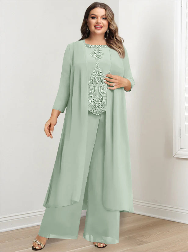 Chiffon Round Neck Floor-Length Plus Size Mother Of The Bride Pantsuits With Jacket & Applique - 画像 (46)