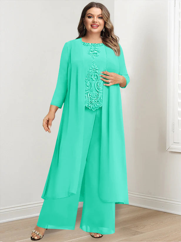 Chiffon Round Neck Floor-Length Plus Size Mother Of The Bride Pantsuits With Jacket & Applique - 画像 (49)