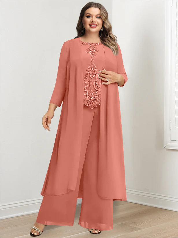 Chiffon Round Neck Floor-Length Plus Size Mother Of The Bride Pantsuits With Jacket & Applique - 画像 (52)