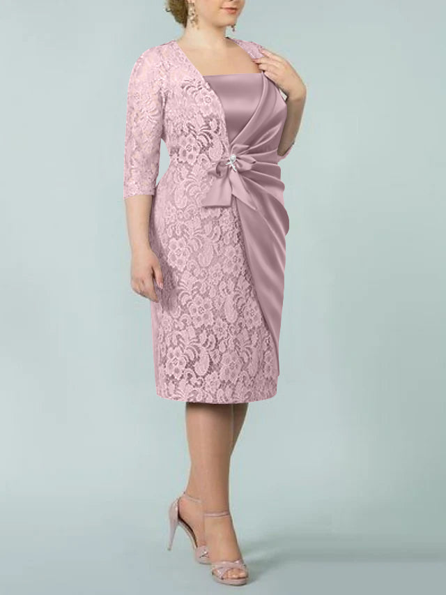 Sheath/Column Square Neck Tea-Length Mother of the Bride Dresses - 画像 (22)