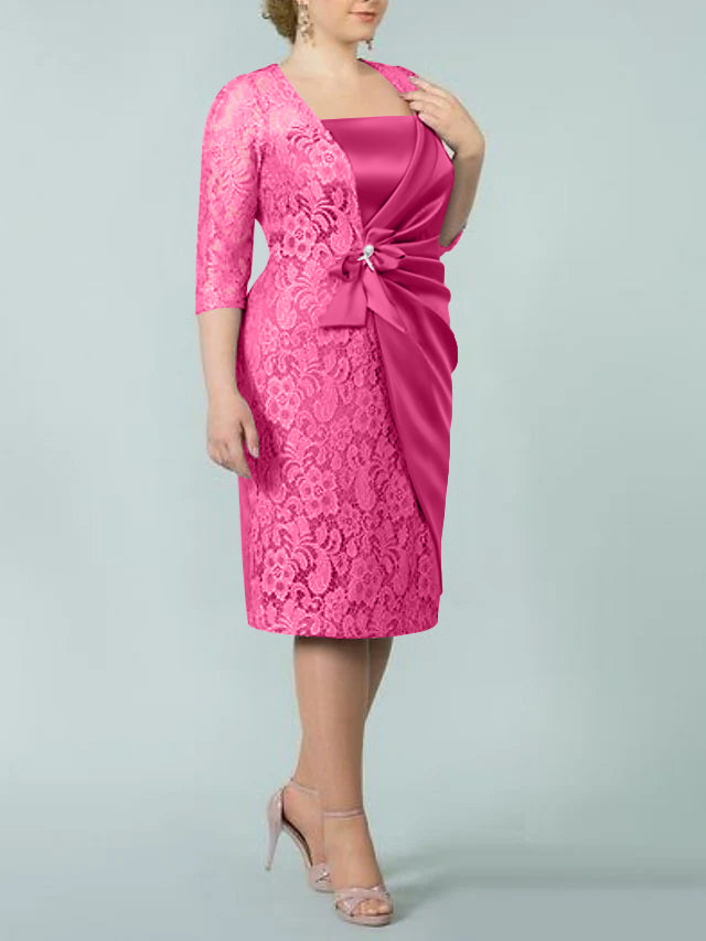 Sheath/Column Square Neck Tea-Length Mother of the Bride Dresses - 画像 (24)