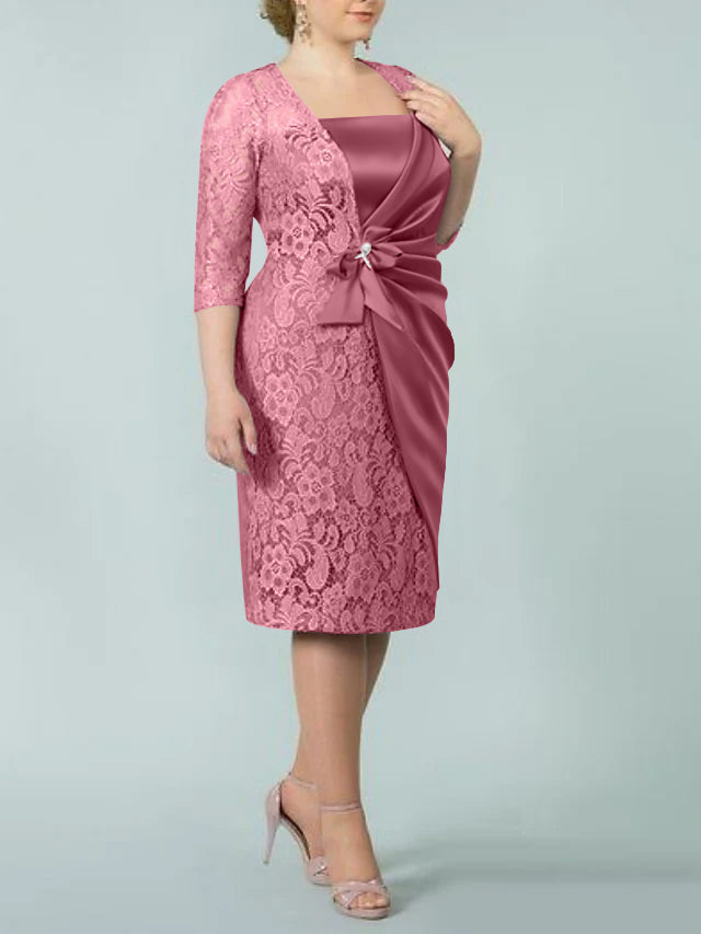Sheath/Column Square Neck Tea-Length Mother of the Bride Dresses - 画像 (35)