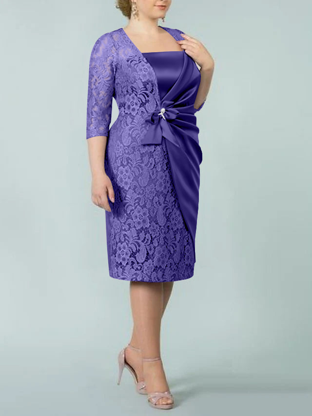 Sheath/Column Square Neck Tea-Length Mother of the Bride Dresses - 画像 (46)