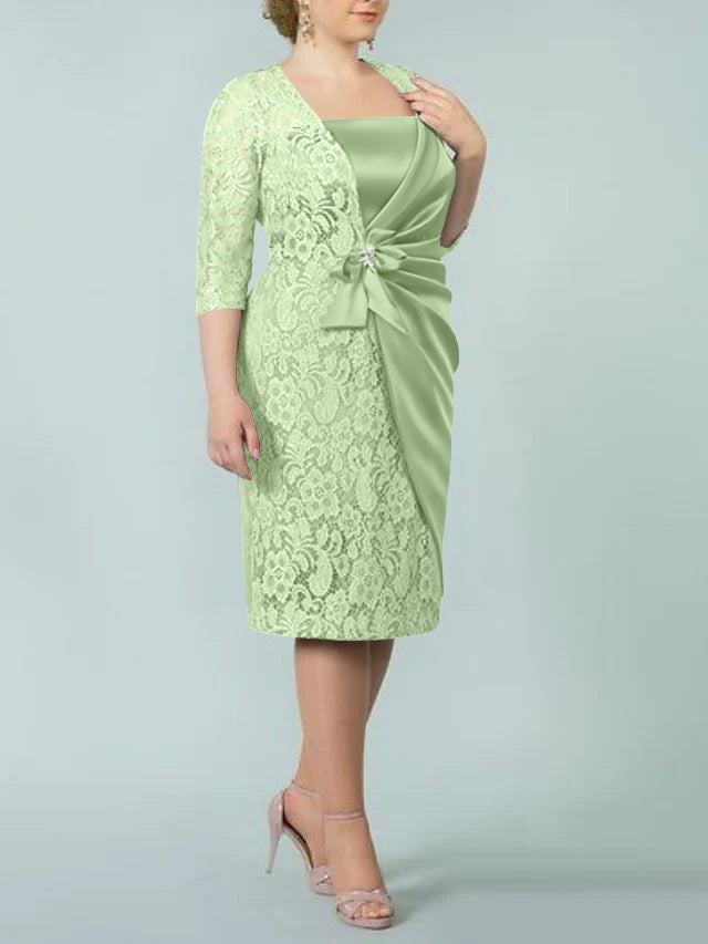 Sheath/Column Square Neck Tea-Length Mother of the Bride Dresses - 画像 (48)