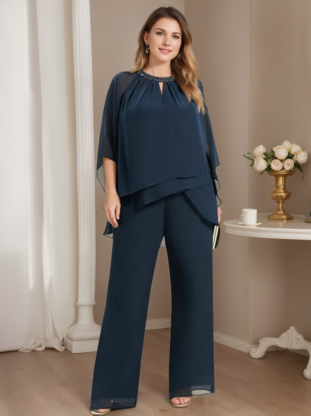 Chiffon Jewel Neck Mother of the Bride Pantsuits
