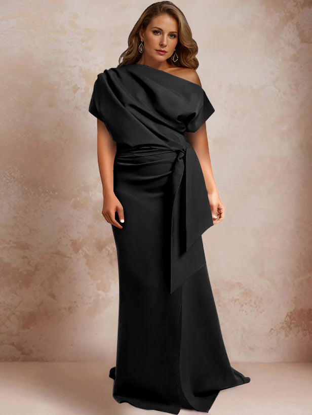 Trumpet/Mermaid One-Shoulder Short Sleeves Floor-Length Plus Size Mother of the Bride Dresses with Ruffles & Split Side - 画像 (4)