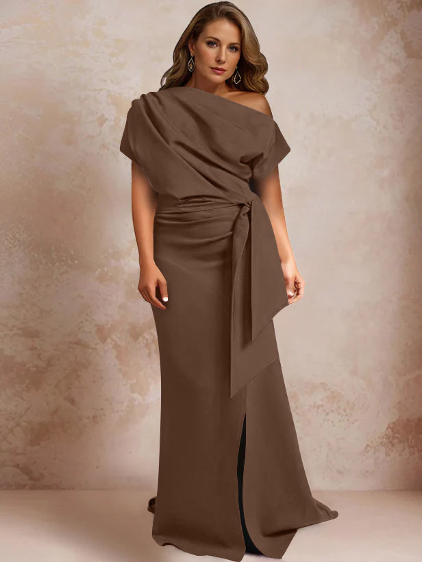 Trumpet/Mermaid One-Shoulder Short Sleeves Floor-Length Plus Size Mother of the Bride Dresses with Ruffles & Split Side - 画像 (6)