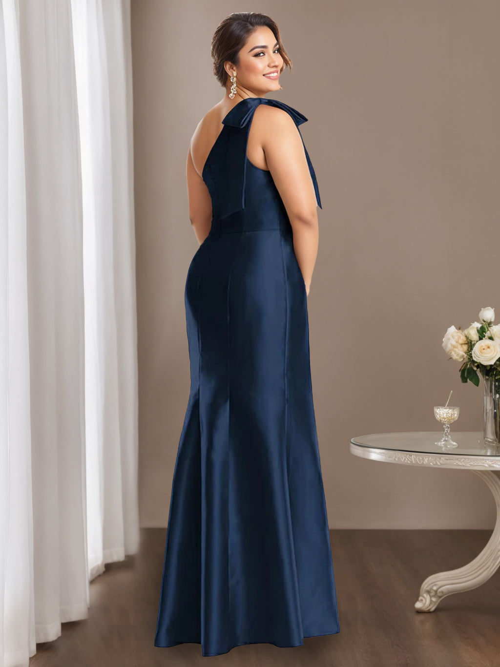 Sheath/Column One-Shoulder Sleeveless Satin Plus Size Mother of the Bride Dresses with Bowknot - 이미지 2
